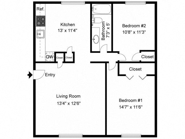 Yarmouth Place 2 Bedroom 1 Bathroom Floor Plan